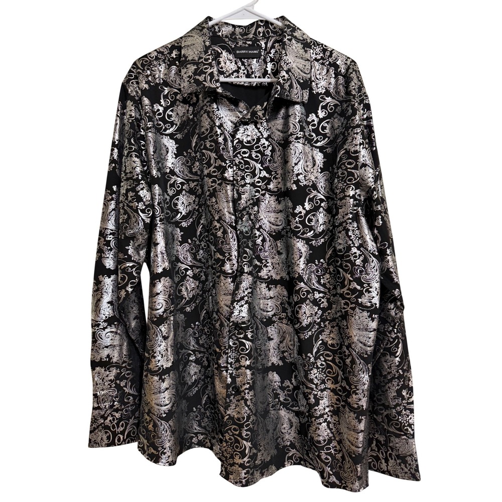 Barry Wang Mens XL Black Silver Metallic Paisley Brocade Button Dn Shirt Luxury